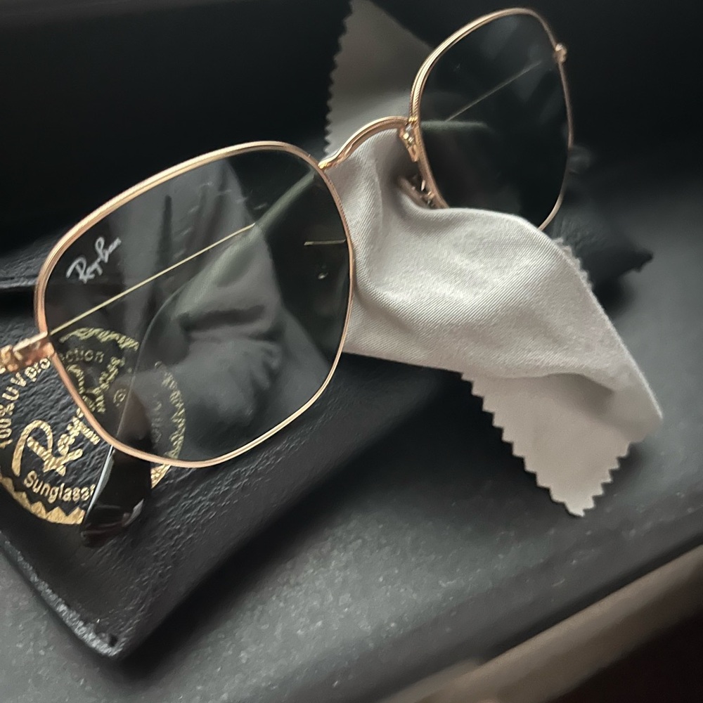 Ray-Ban hexagonal flat Women's Gold Frame Sunglasses with Dark Green Lenses